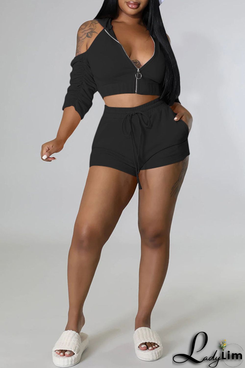 Rose Red Fashion Casual Solid Backless Fold Half A Turtleneck Half Sleeve Two Pieces