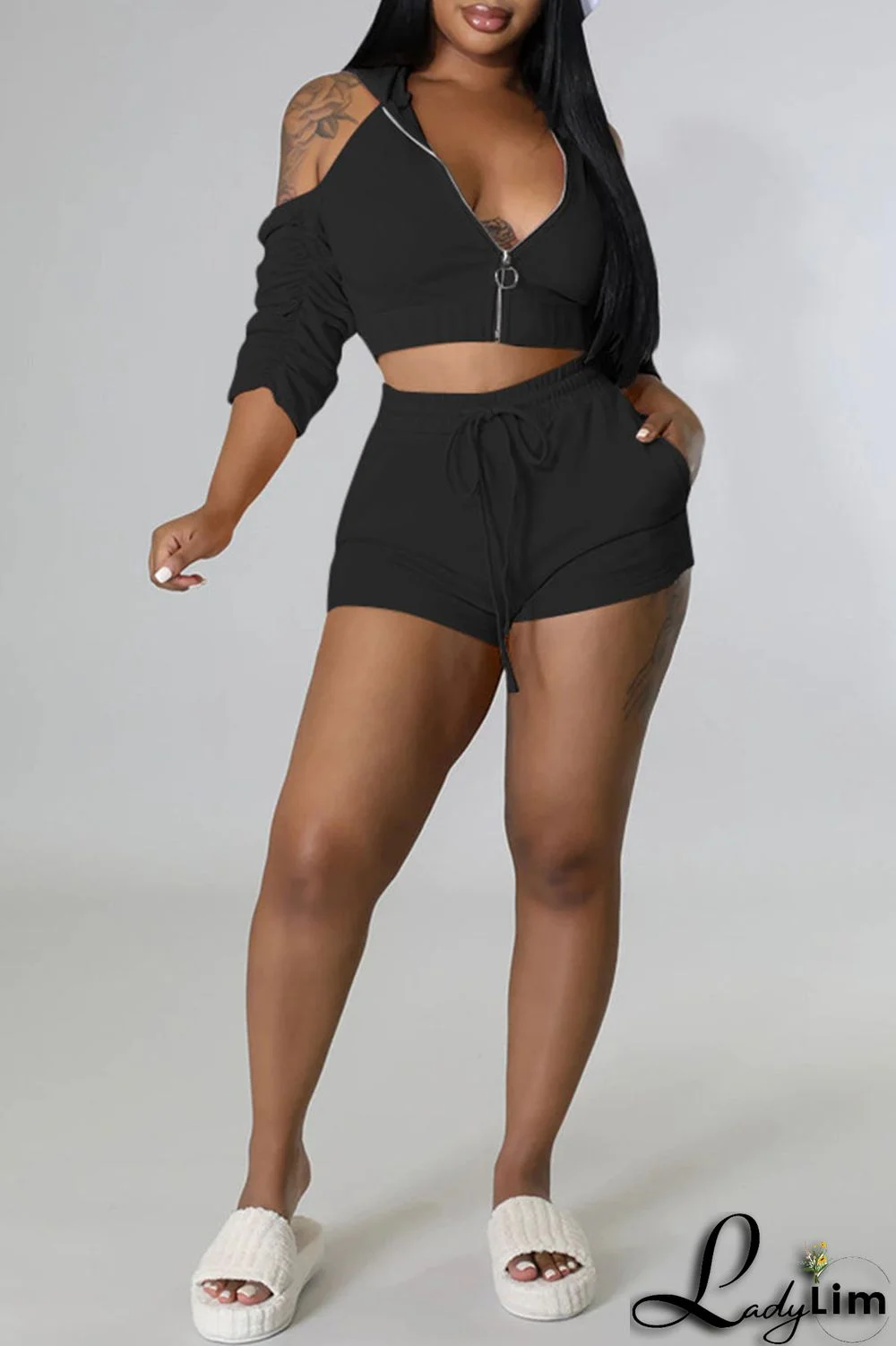 Rose Red Fashion Casual Solid Backless Fold Half A Turtleneck Half Sleeve Two Pieces