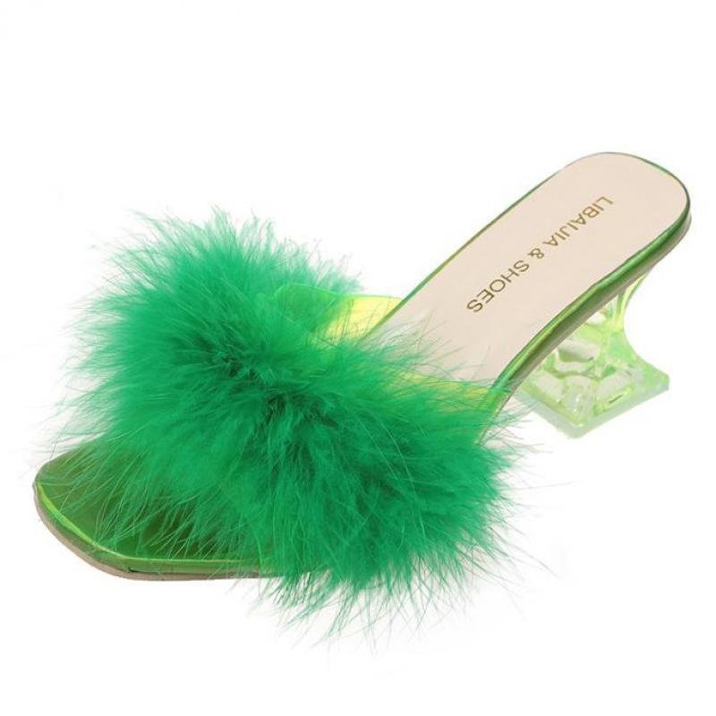 Qengg Summer Fluffy Peep Toe Sexy High Heels Women Shoes Fur Feather Lady Fashion Slip On 2022 Ytmtloy Indoor House Slippers