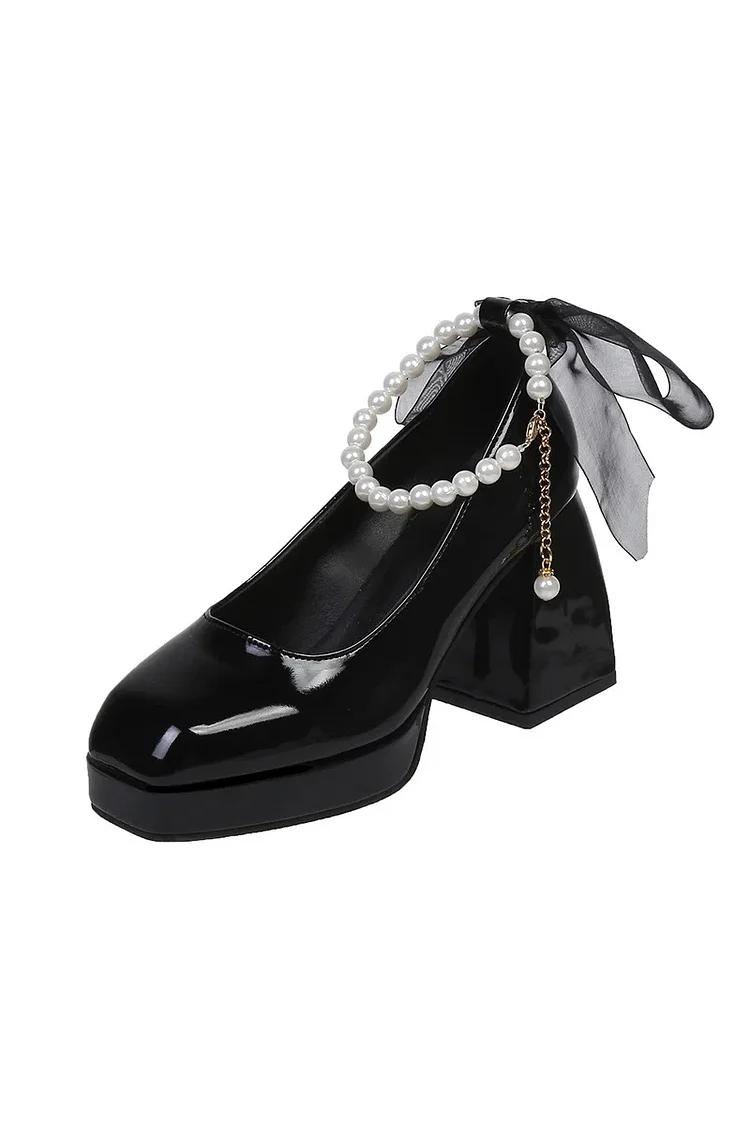 1950s Black Retro Rough Heel Pearl Bow Single Shoes High Heels