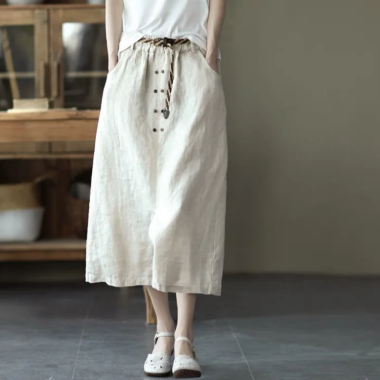 Retro Solid Color Lace-Up Elastic Waist Skirt - yankia