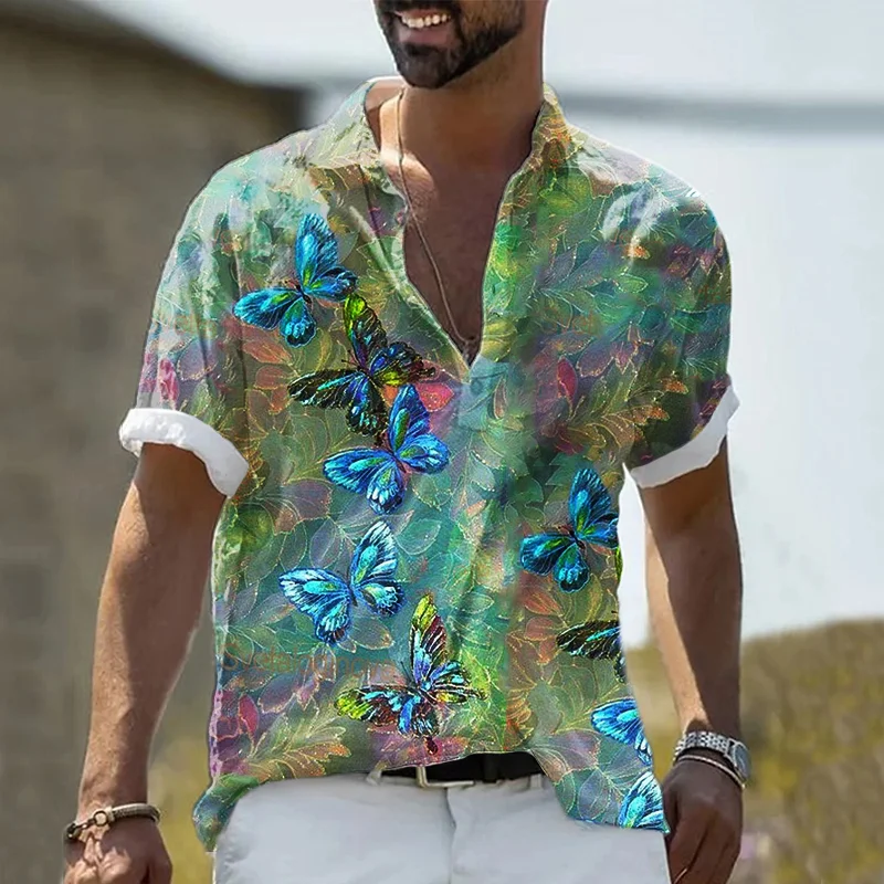 Men's Cotton Linen Butterfly Print Short Sleeve Shirt