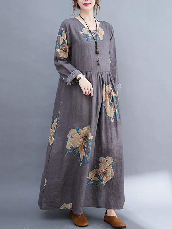 Floral Elegance: Casual Loose Pleated Maxi Dress with Long Sleeves and ...