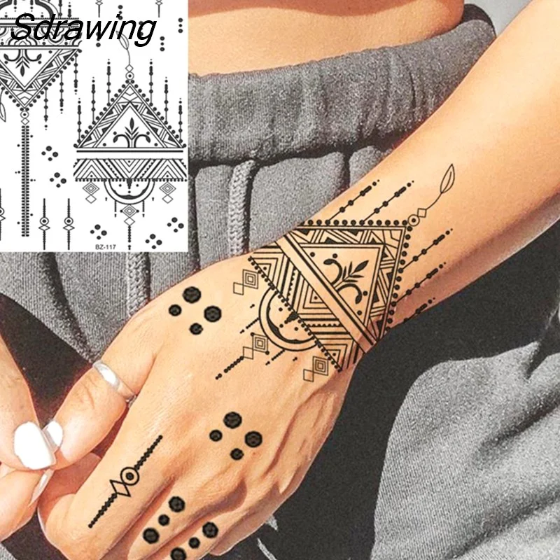 Sdrawing Henna Temporary Tattoos For Women Girls Feather Butterfly DreamCatcher Fake Gem Tattoo Sticker Chest Arm Tatoos Tribal 328-1