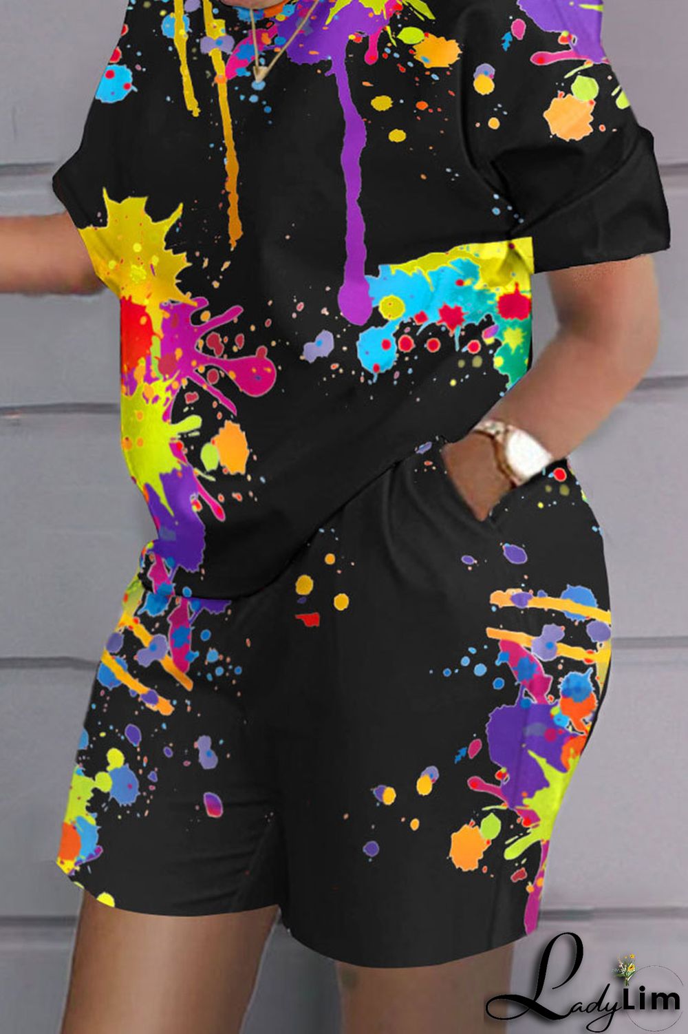 Black Casual Street Print Patchwork O Neck Two Pieces