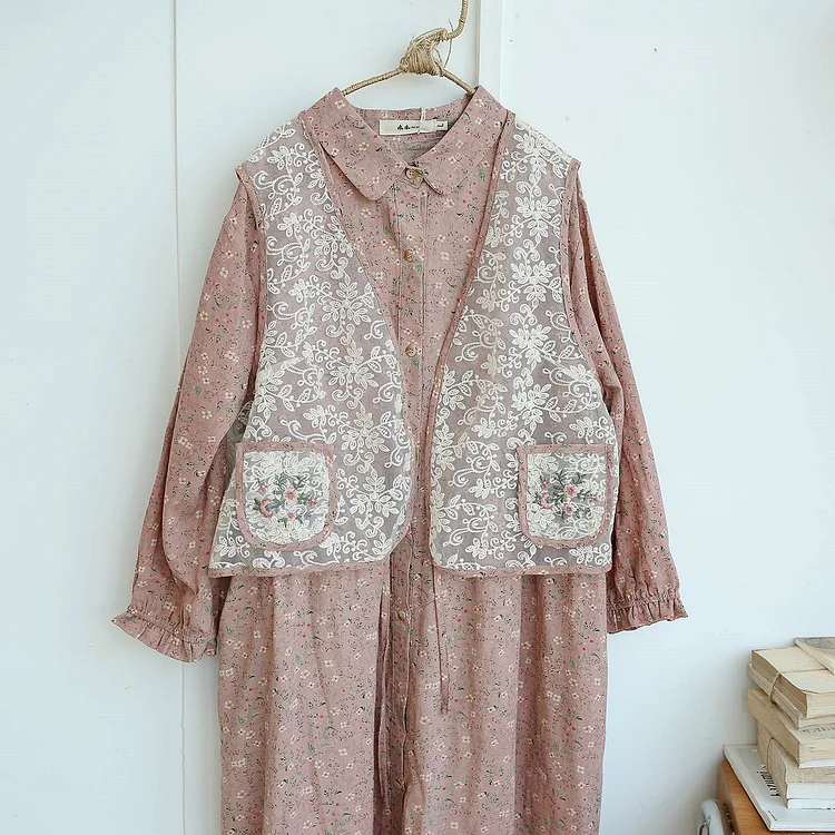 Queenfunky cottagecore style Lace Vest + Floral Dress 2pcs Set QueenFunky