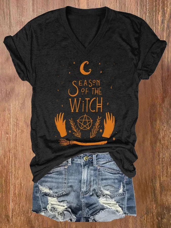 Women's Season Of The Witch Print Casual V Neck T-shirt