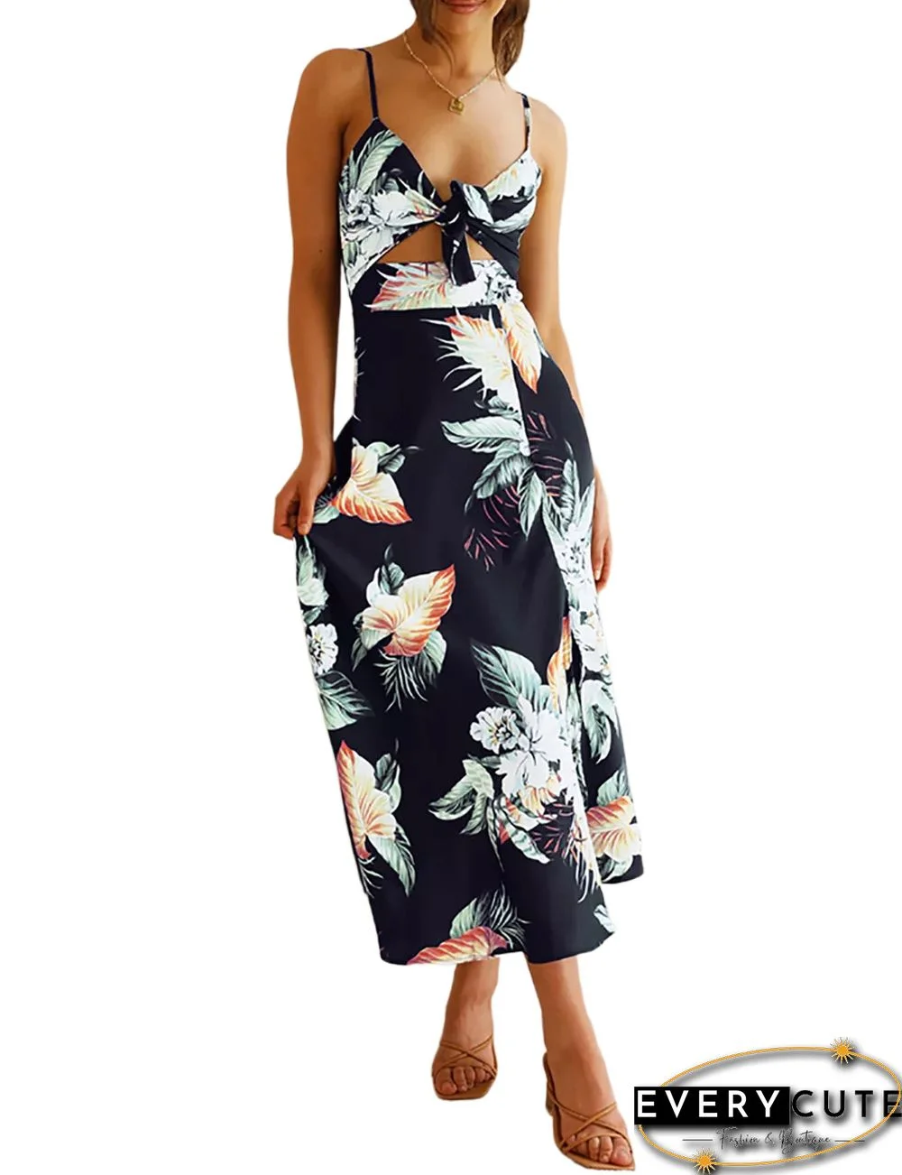 Black Split Spaghetti Strap Floral Dress