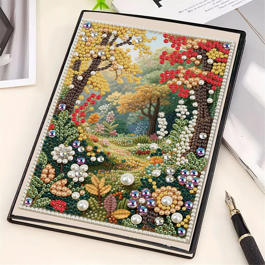 Autumn Forest Partial Pearl DIY 50 Pages A5 Diamond Painting Notebook Special Shaped Diamond Art Diary Book Kits Wireless Strip 5D Crystal Art Paintings Sketchbook for Art Drawing