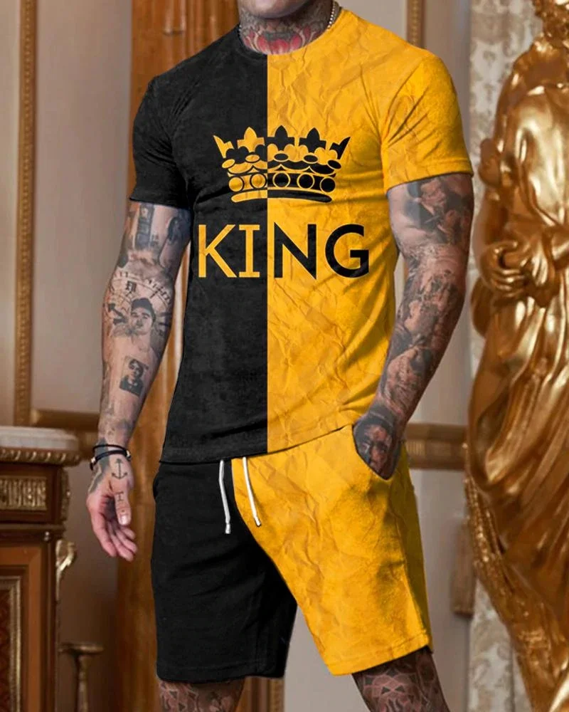 彩色 Men's fashion Yellow and black KING Printed short sleeve round collar suit.jpg 彩色 Men's fashion Yellow and black KING Printed short sleeve round collar suit.jpg