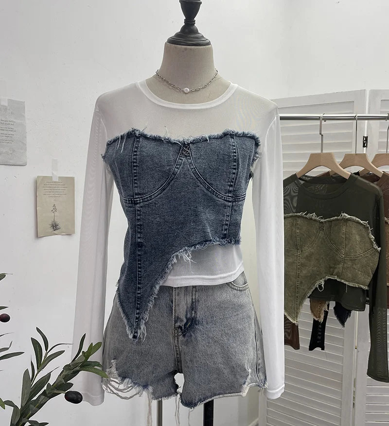 Brownm Design Feel Niche Cowboy Splicing Long-Sleeved Mesh T-Shirt Girl Summer Round Collar Dress Short Top 2617