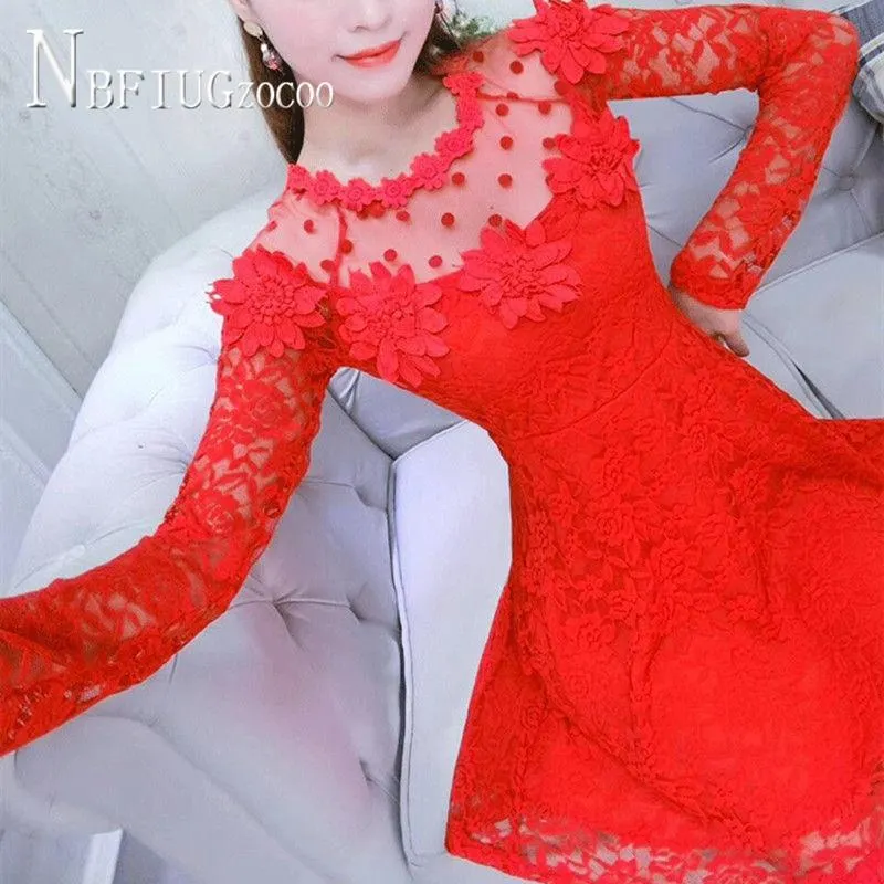 2020 Autumn New Flower Lace Women Dress Slim Long Sleeve Female Dresses
