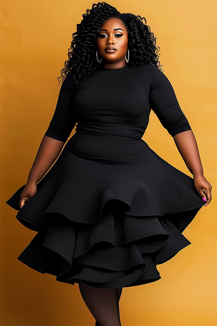 Xpluswear Design Plus Size Semi Formal Tiered Elegant Black Round Neck Half Sleeve Layered Midi Dresses 