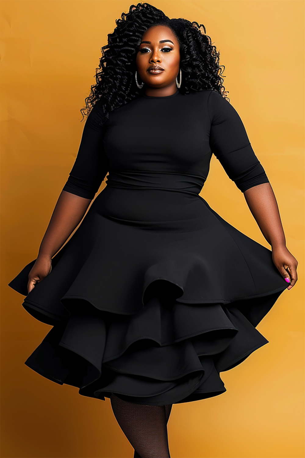 Design Plus Size Semi Formal Elegant Black Round Neck Half Sleeve Layered Midi Dresses [Pre-Order]