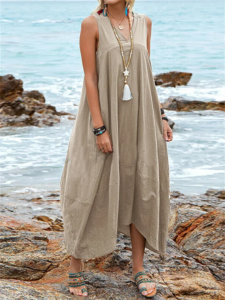 Solid color casual cotton linen V-neck pocket dress beach dress casual dress-Cosfine