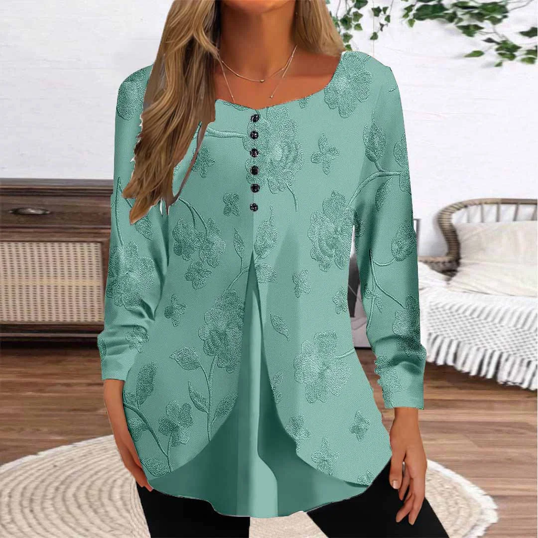 Women Floral,Green DZGG8233 Long Sleeve Scoop Neck Printed Graphic Button Fake 2in1 Tops