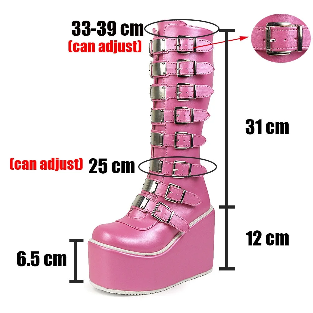 DoraTasia INS Hot Pink Women Knee High Boots Gothic Punk Cosplay Street Fashion Boots Women Platform Wedges High Heels Shoes