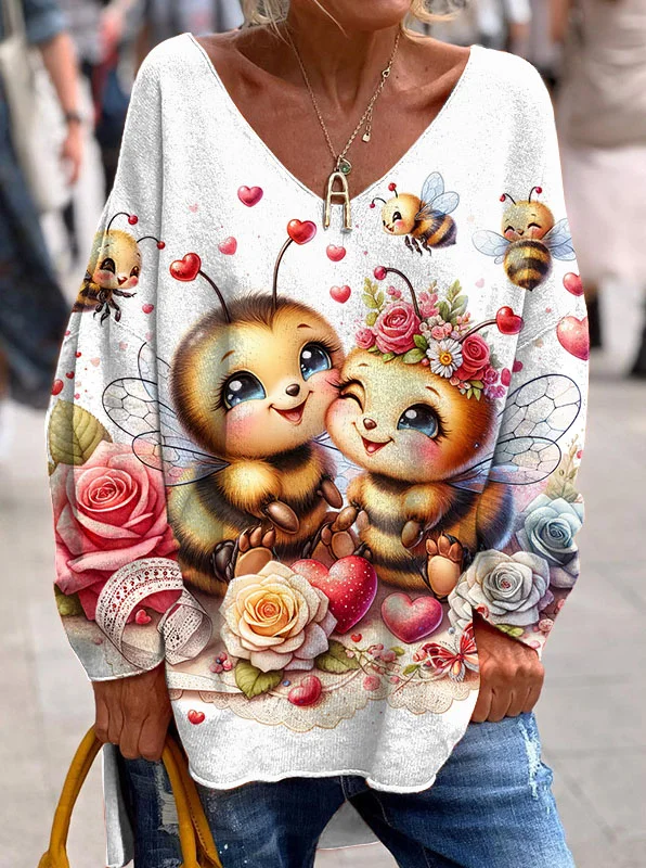 Valentine's Day Cute Bee Flower Love Long Sleeve Top