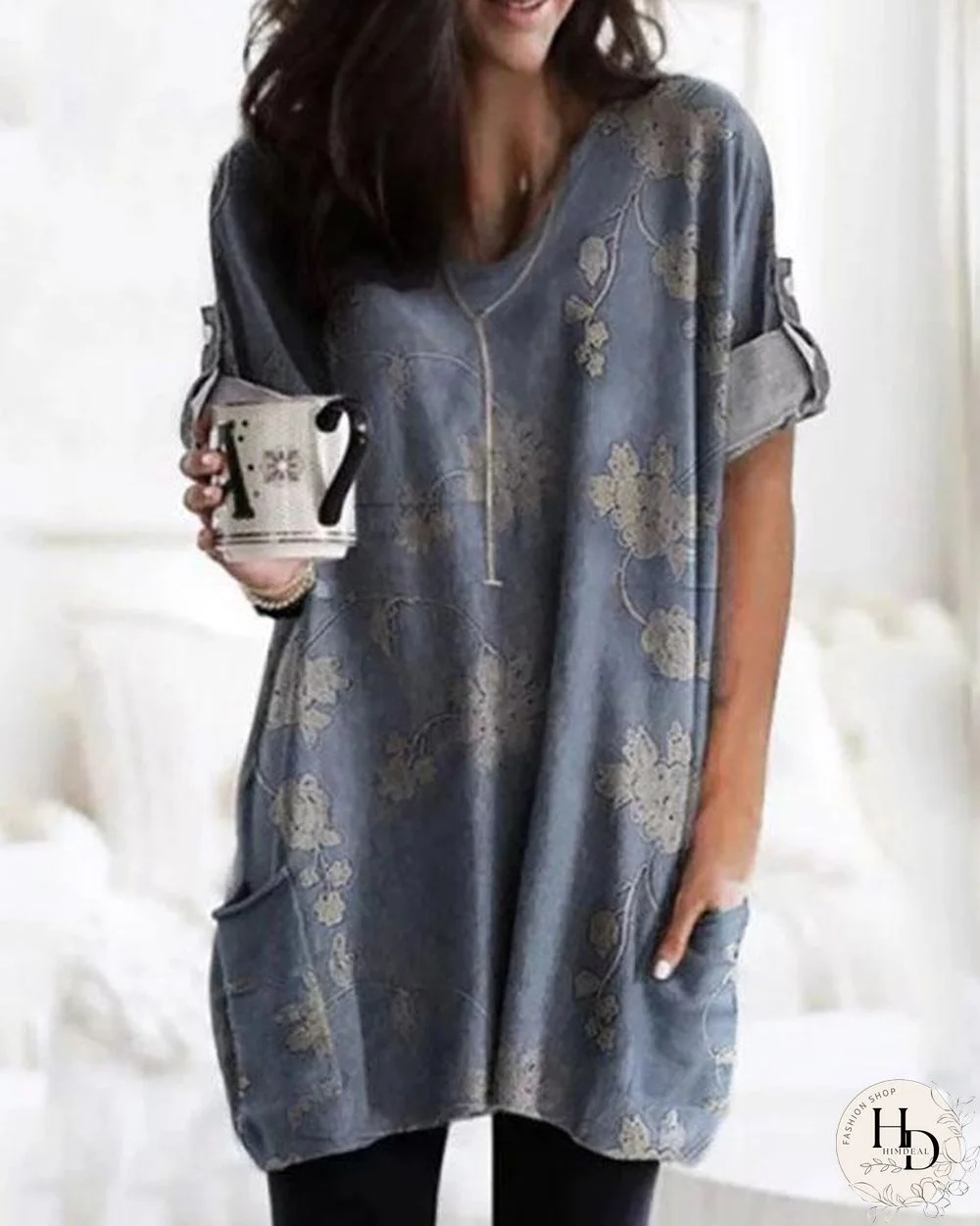 Temperament Printed V-Neck Loose Long Sleeve T-Shirt