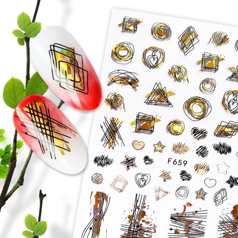 Summer Design 3D Stickers For Nails iridescent Black Gold Flower Leaf Series Decorations Sliders Nail Art Sticker Decals