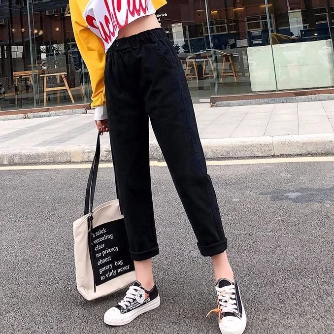 Pants Women Elastic Waist Solid Corduroy Korean Pant Womens Clothing Leisure Ankle- Length Trouser Loose Basic All-match Elegant