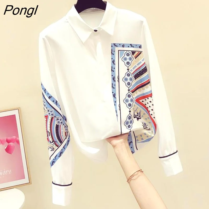 Pongl Autumn Chiffon Polo Neck Shirts Pure White Loose Trend Office Lady Fashion Elegant Design Sense Long Sleeved Satin Blouse
