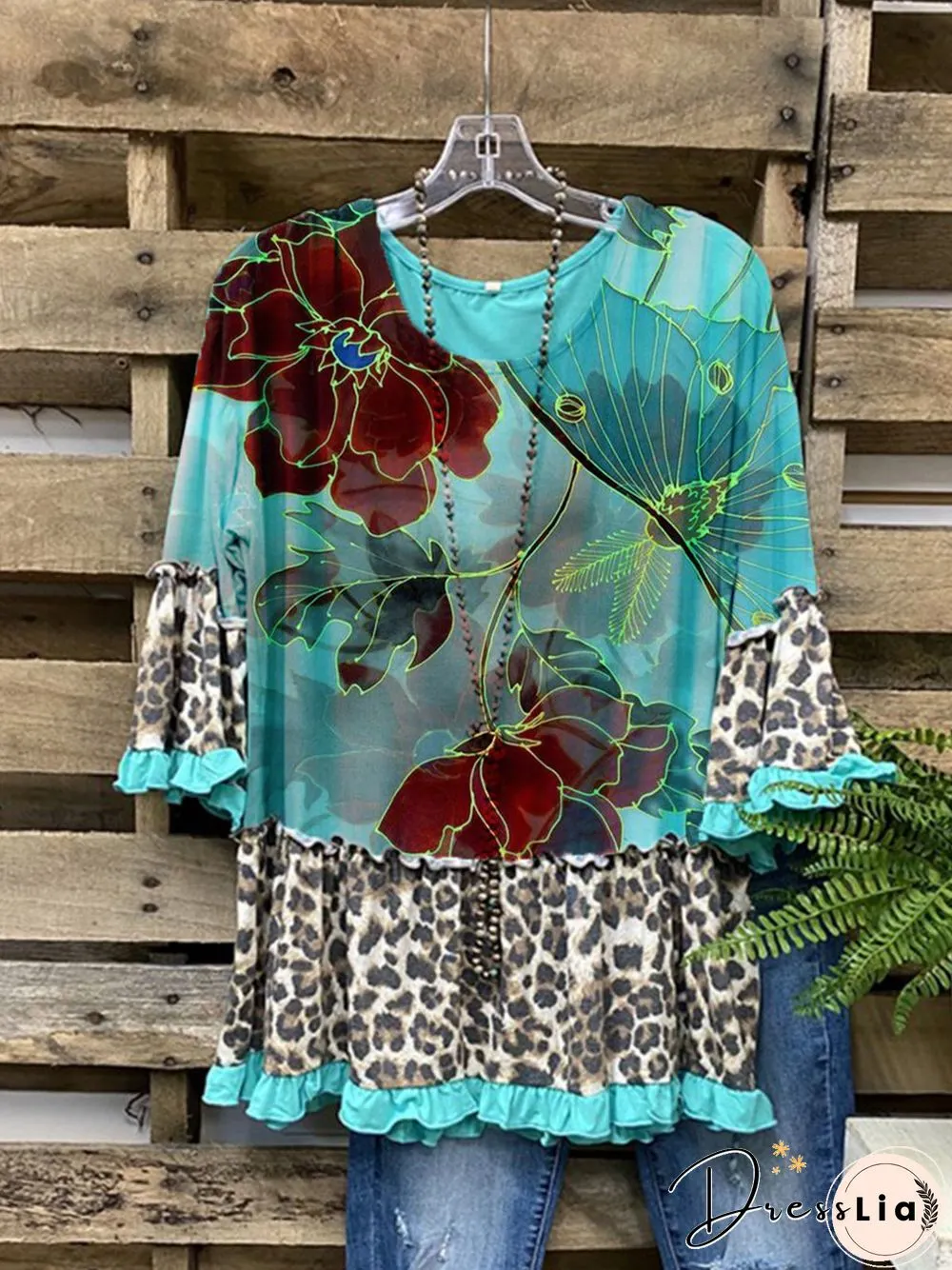 Leopard Floral Crew Neck Shift Jersey Pastoral T-shirt