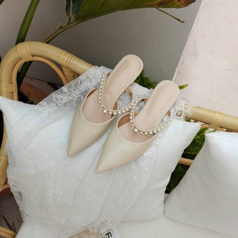 2021 Spring New Korean Fashion Pearl Comfortable Pointed Ladies Lazybones' Outdoor Closed-Toe Slippers