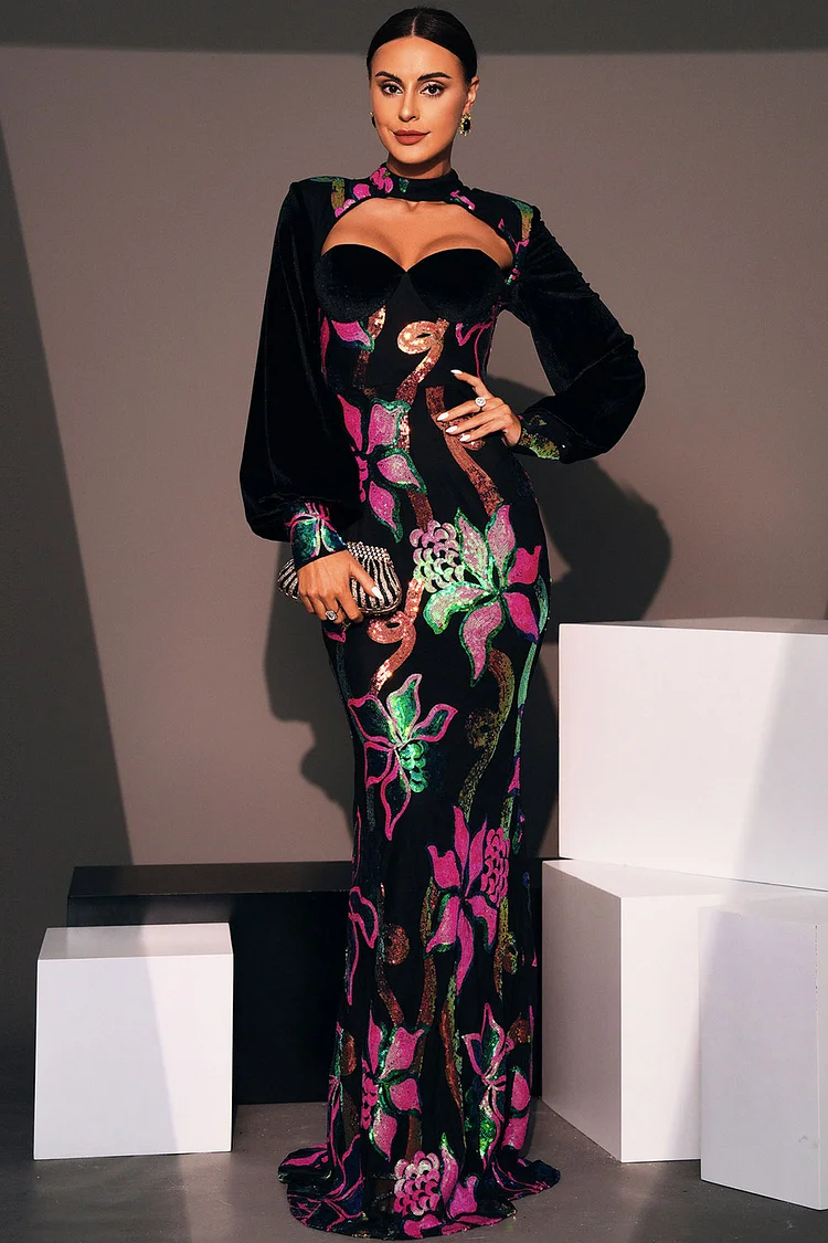 Floral Sequin Cut Out Lantern Sleeve Velvet Mermaid Maxi Dress-Black