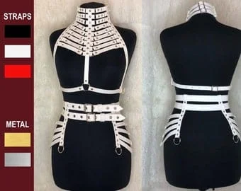 Pornhint Fetish harness festival outfit for women, Fashion erotic corset top and luxury mini skirt for nightclub party, hot BDSM strappy collar