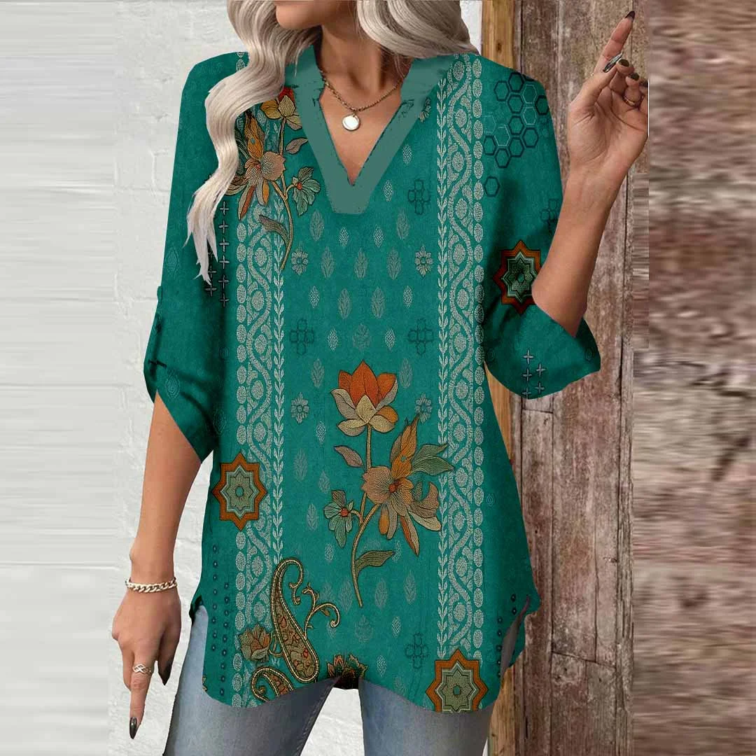 Women Floral, Retro, Turquoise DZGA0508 3/4 Sleeve V-neck Printed Graphic Button Tops
