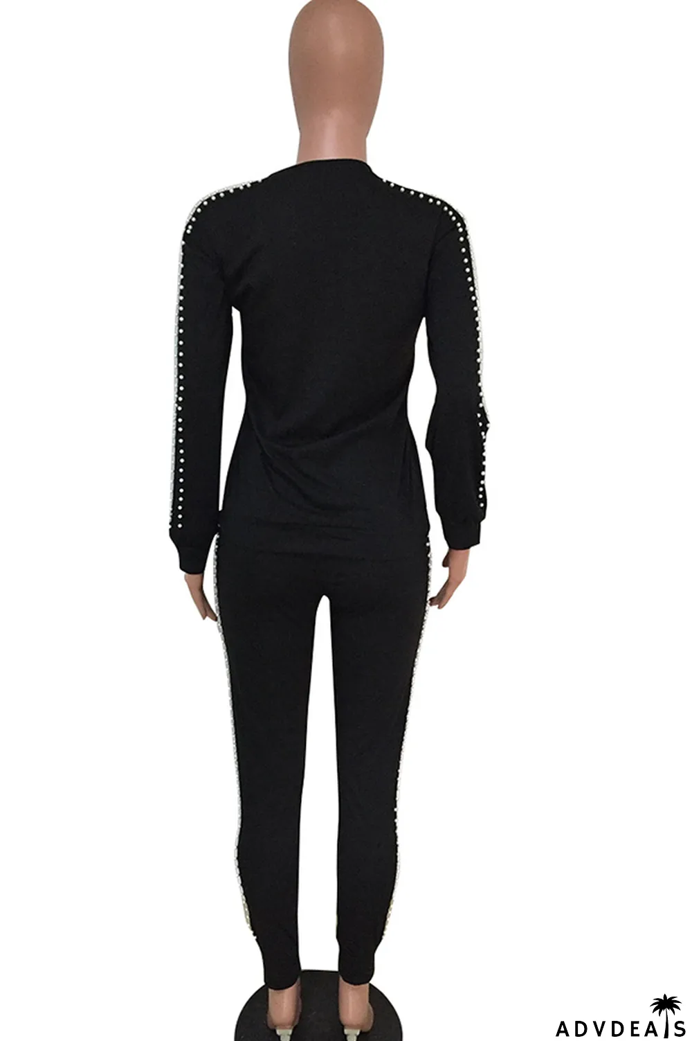 Black Casual Beading Solid Two Piece Suits Patchwork pencil Long Sleeve Two-piece Pants Set