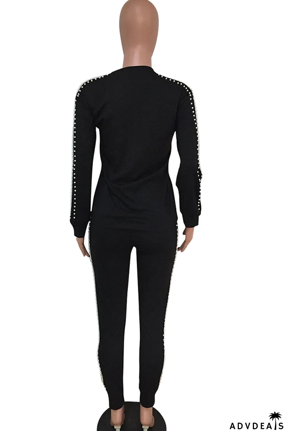 Black Casual Beading Solid Two Piece Suits Patchwork pencil Long Sleeve Two-piece Pants Set