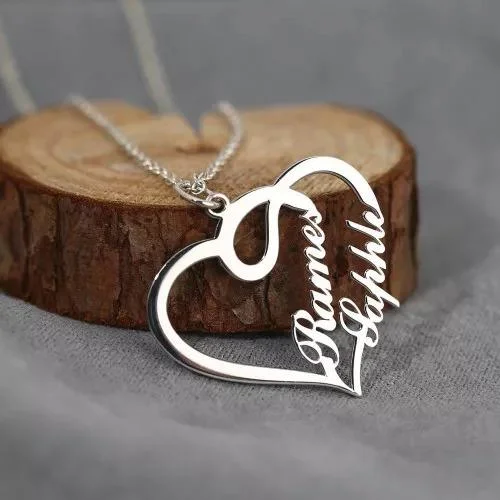 Collier Prénom Personnalisés En Argent 925  Avec Pendentif  Coeur 2 prénoms