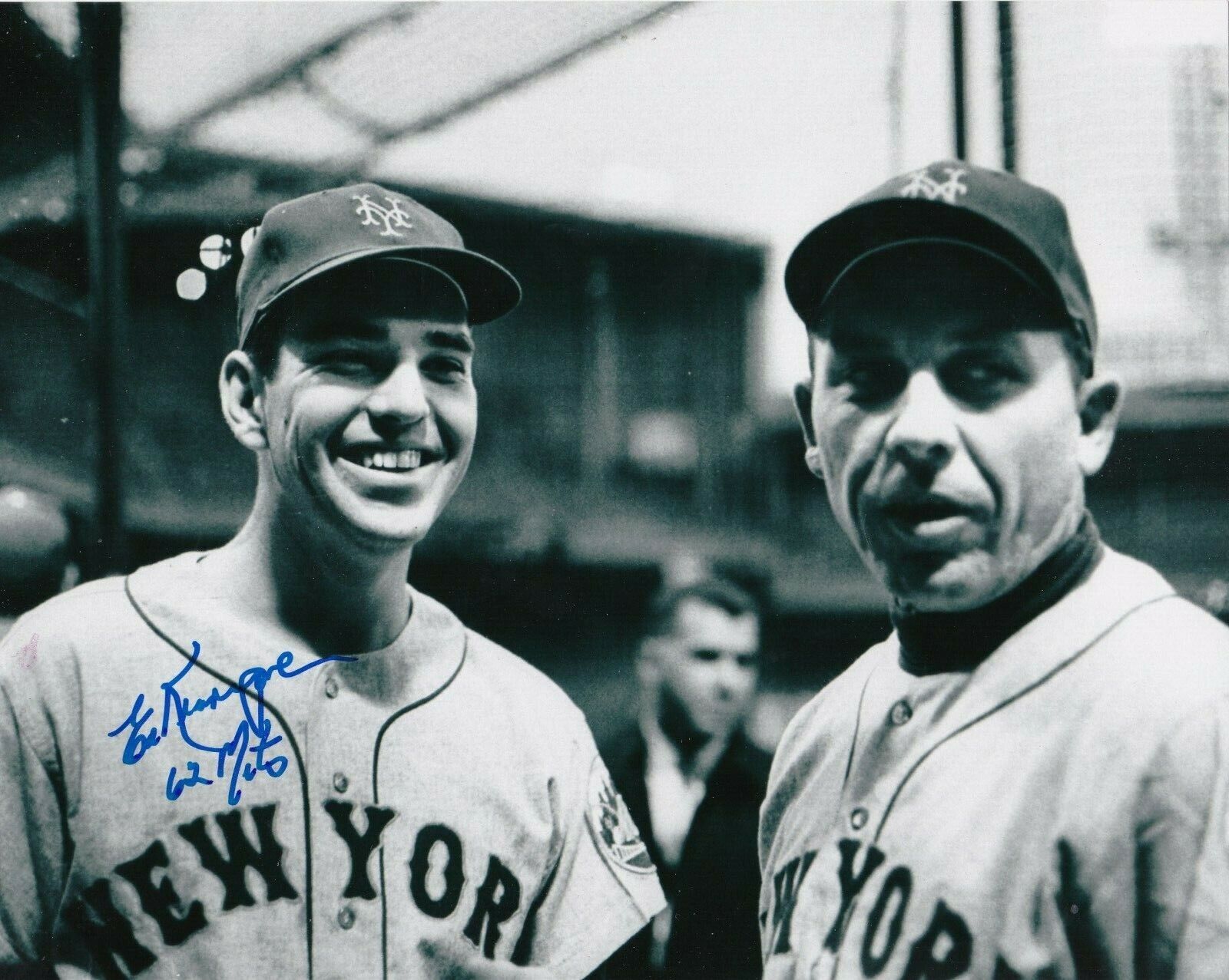 ED KRANEPOOL NEW YORK METS 1962 METS W/ GIL HODGES ACTION SIGNED 8x10