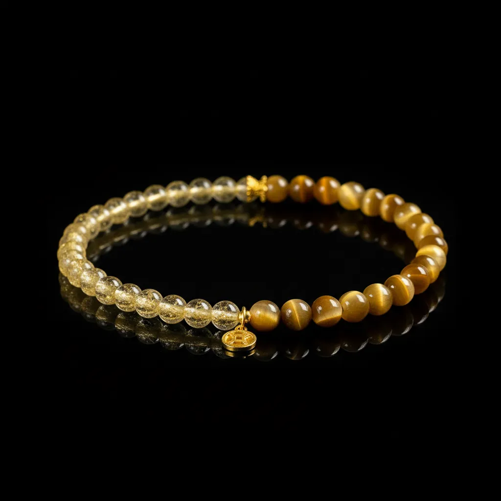 JiStones Sacred Prosperity: 4mm Golden Rutilated Quartz & Tiger Eye Bracelet