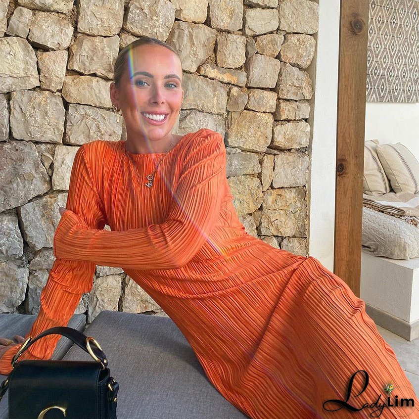 Autumn Office Pleated Slim High Waist Stretch Long Sleeve Pencil Maxi Dress Women