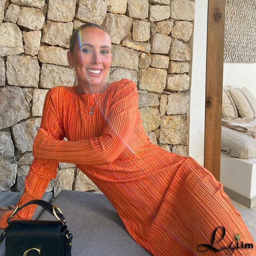 Autumn Office Pleated Slim High Waist Stretch Long Sleeve Pencil Maxi Dress Women