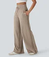 2026🔥 Halara Ribbed SoCinched High Waisted Tummy Control Drawstring Wide Leg Color Block Casual Trousers with Pockets