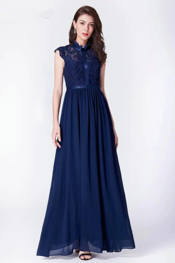 Vintage Navy Lace Prom Dress Long Chiffon Evening Gowns Cap Sleeve - lulusllly