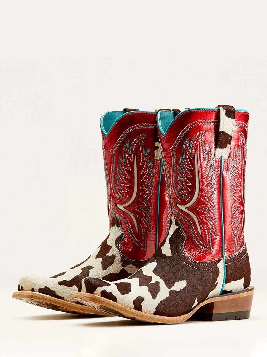 Multicolor Patchwork Cow Print Embroidered Mid-Calf Cowgirl Boots