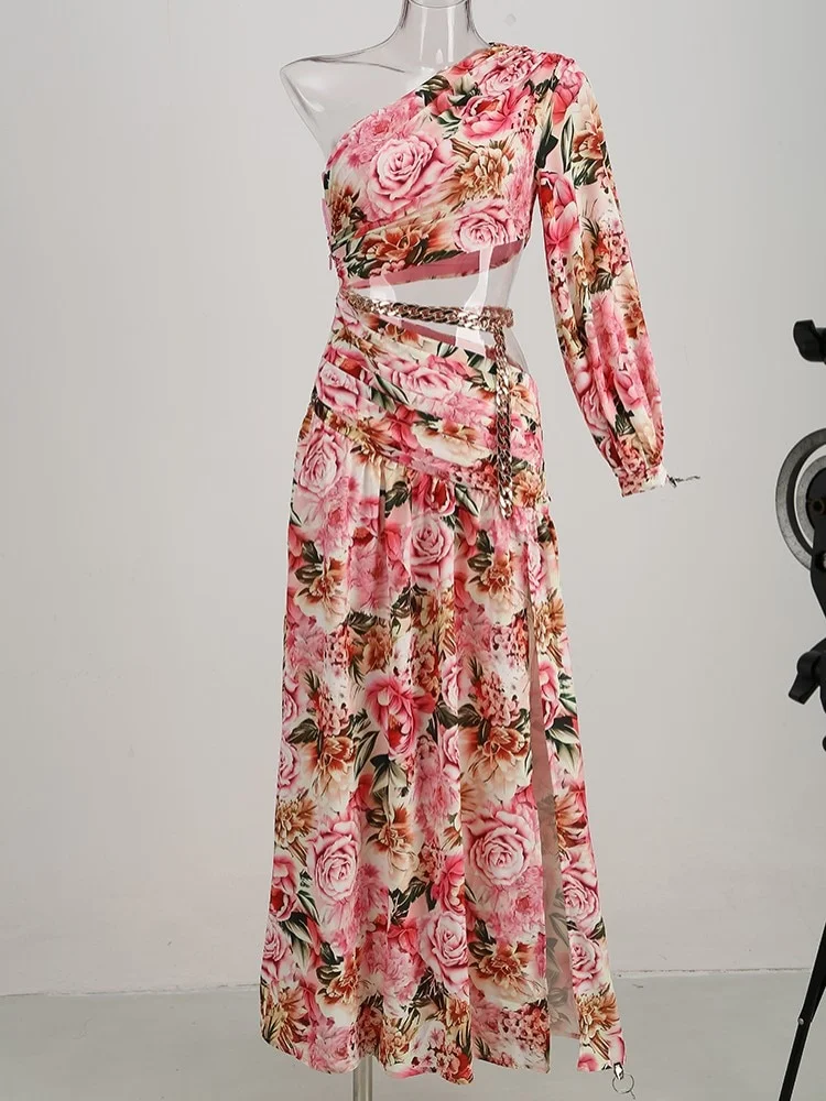 Summer Floral Print One Shoulder Maxi Dress  Diagonal Neck Long Sleeve Hollow Out Chain Split Long Dress Evening Party Dress