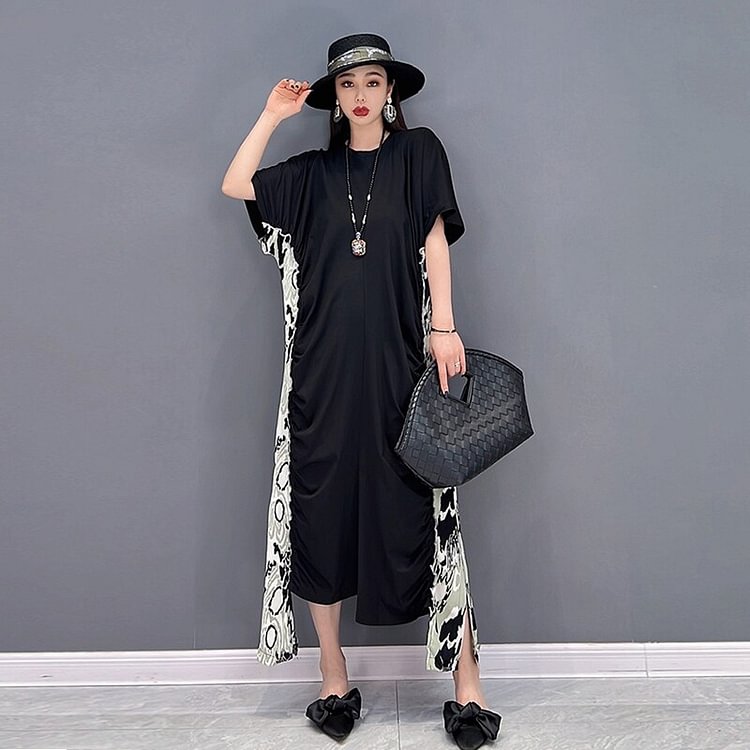 Slim Fit O-Neck Asymmetrical Chiffon Patchwork Wrinkled Short Sleeve Dress