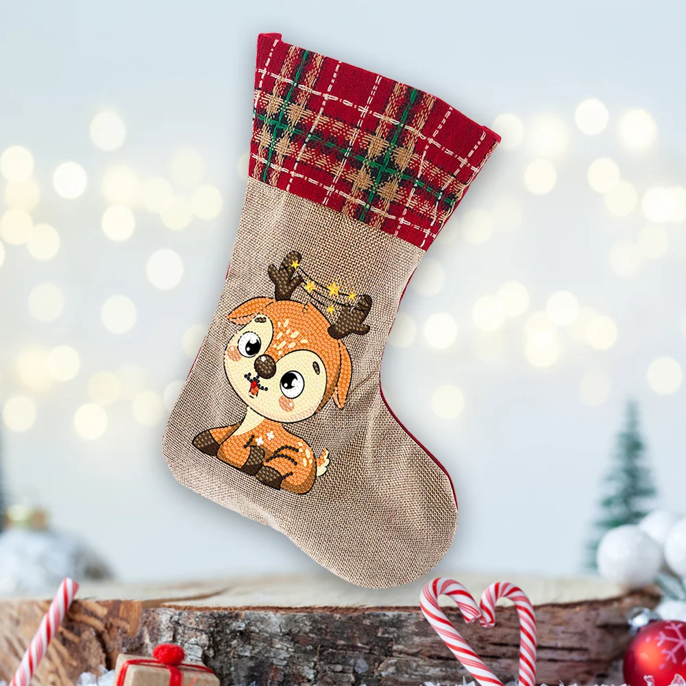 DIY Elk Christmas Socks Decor DIY Diamond Art Kits for Family Party Decoration(20*35cm)