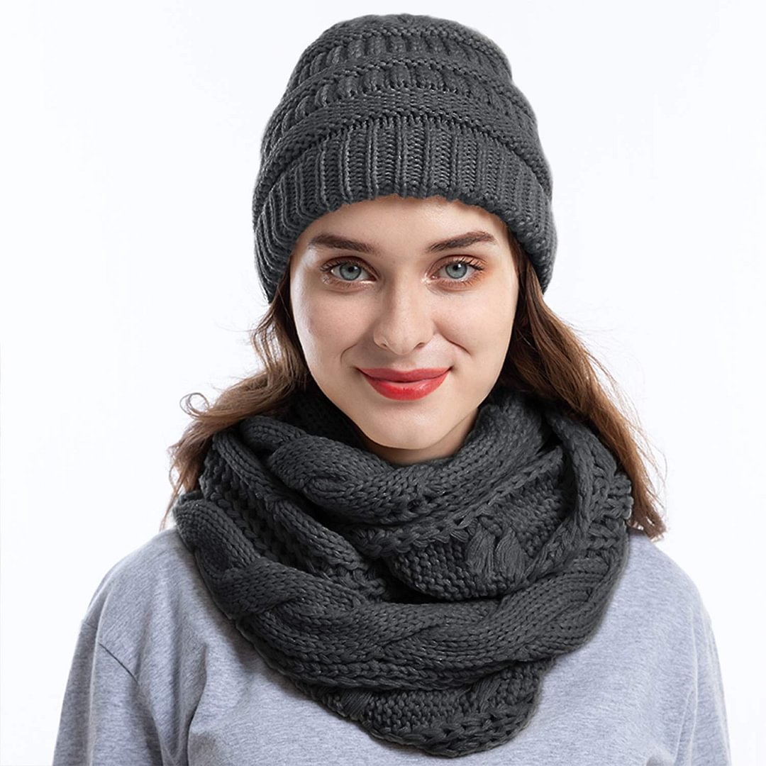Knit Infinity Scarf Slouchy Beanie Hat Set Women Winter Warm Circle Loop Scarfs