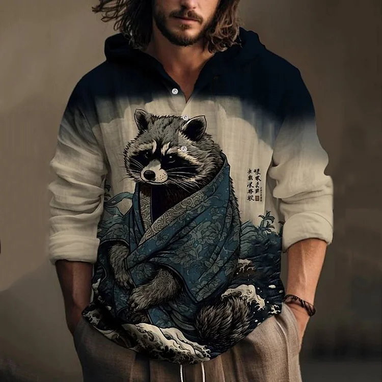 Men's Raccoon Rough Sea Waves Japanese Art Print Linen Blend Hoodie
