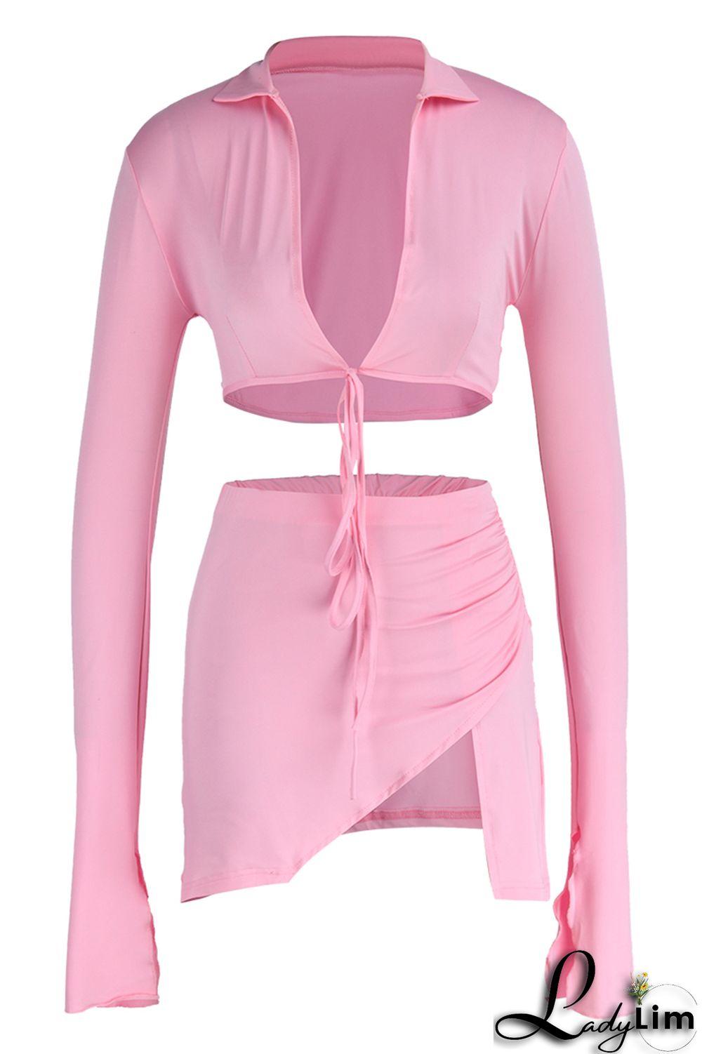 Yellow Fashion Sexy Solid Bandage Slit V Neck Long Sleeve Two Pieces
