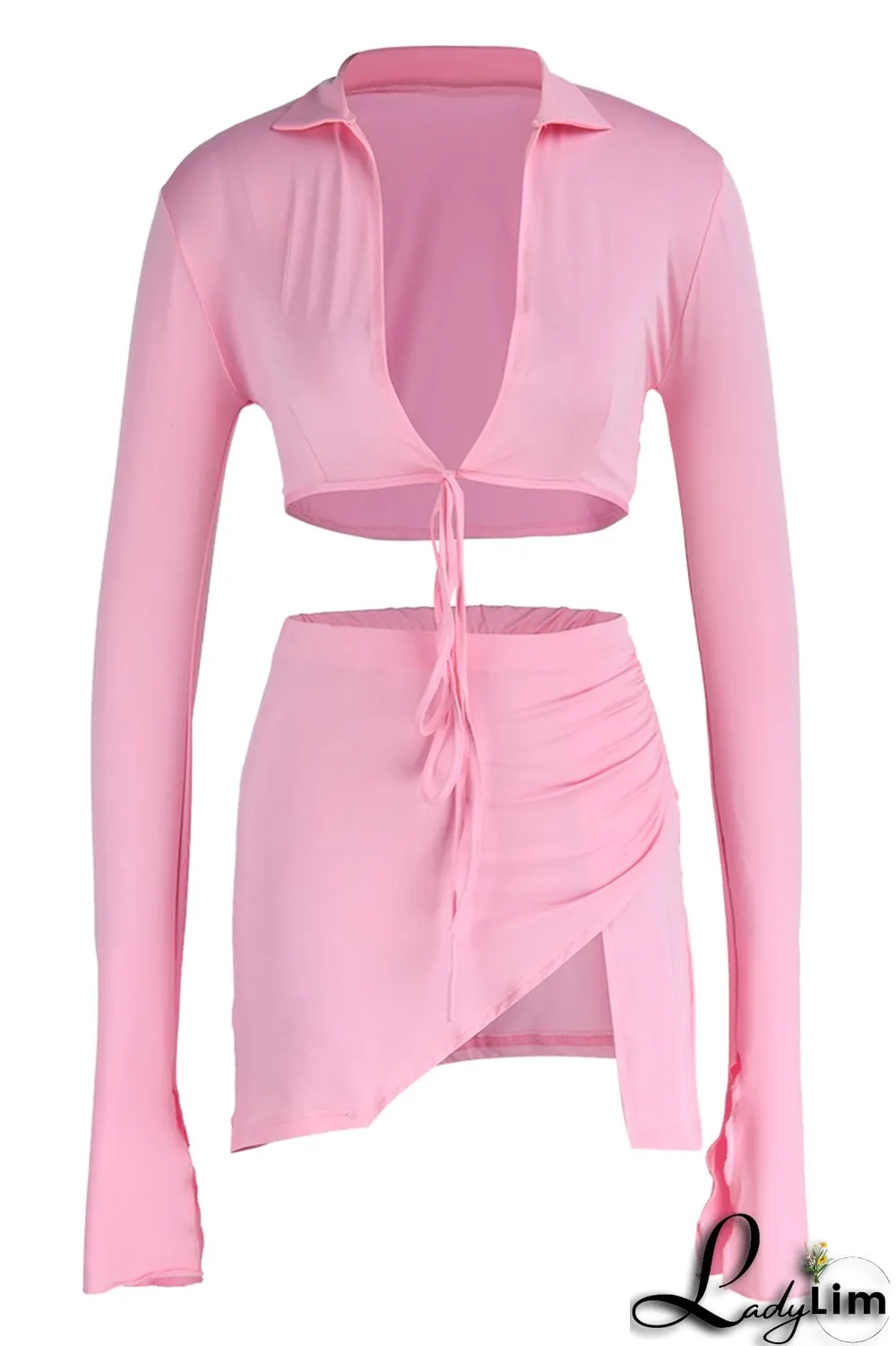 Yellow Fashion Sexy Solid Bandage Slit V Neck Long Sleeve Two Pieces