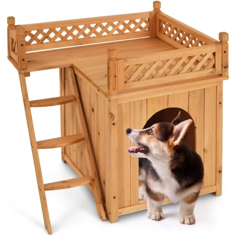 New Style Wood Pet House with Roof Balcony and Bed Shelter