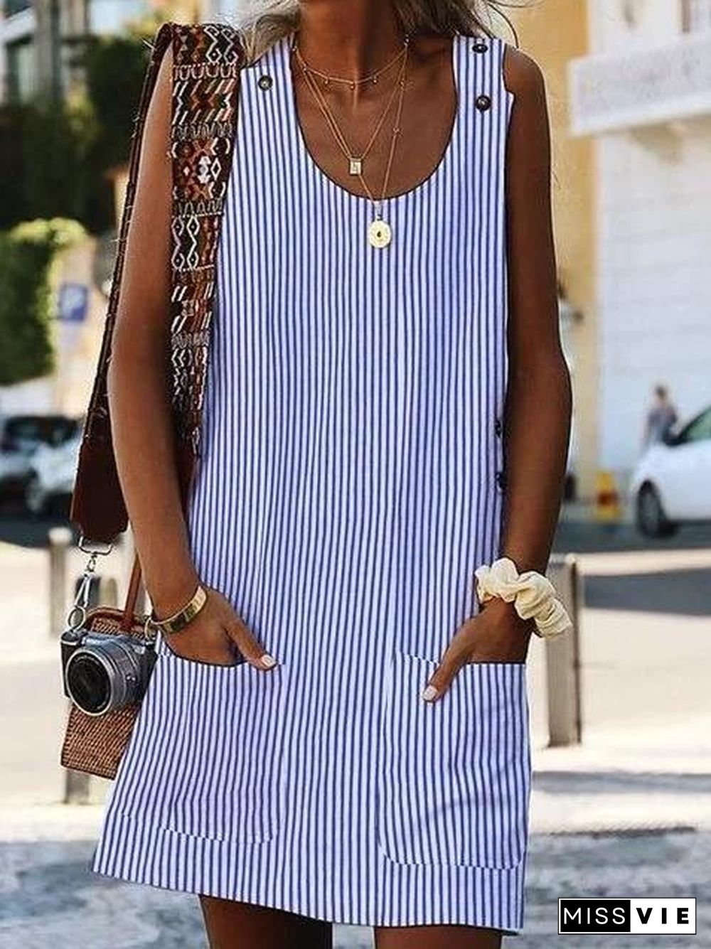 Crew Neck Women Dresses Shift Daily Boho Pockets Striped Dresses